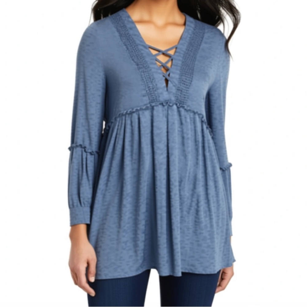 True love gauge emperor waist blue flared sleeve Mini dress or tunic L 127